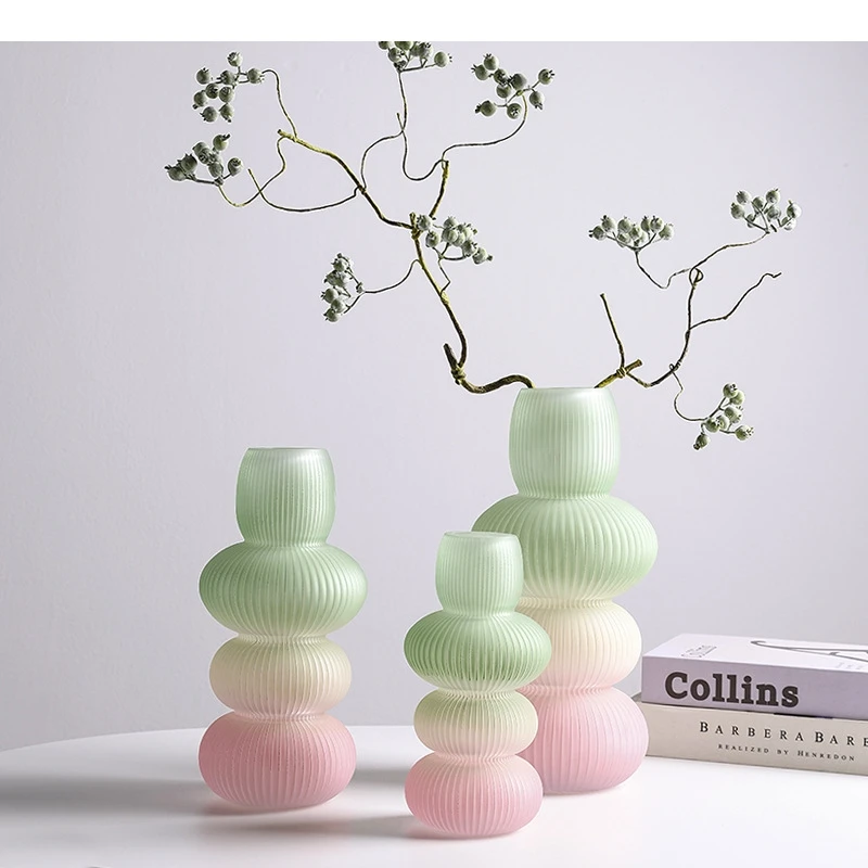 Glass Vase Pebble Geometric Striped Gradient Colored Flowerpot Flower Vase Terrarium Home Decoration Accessories