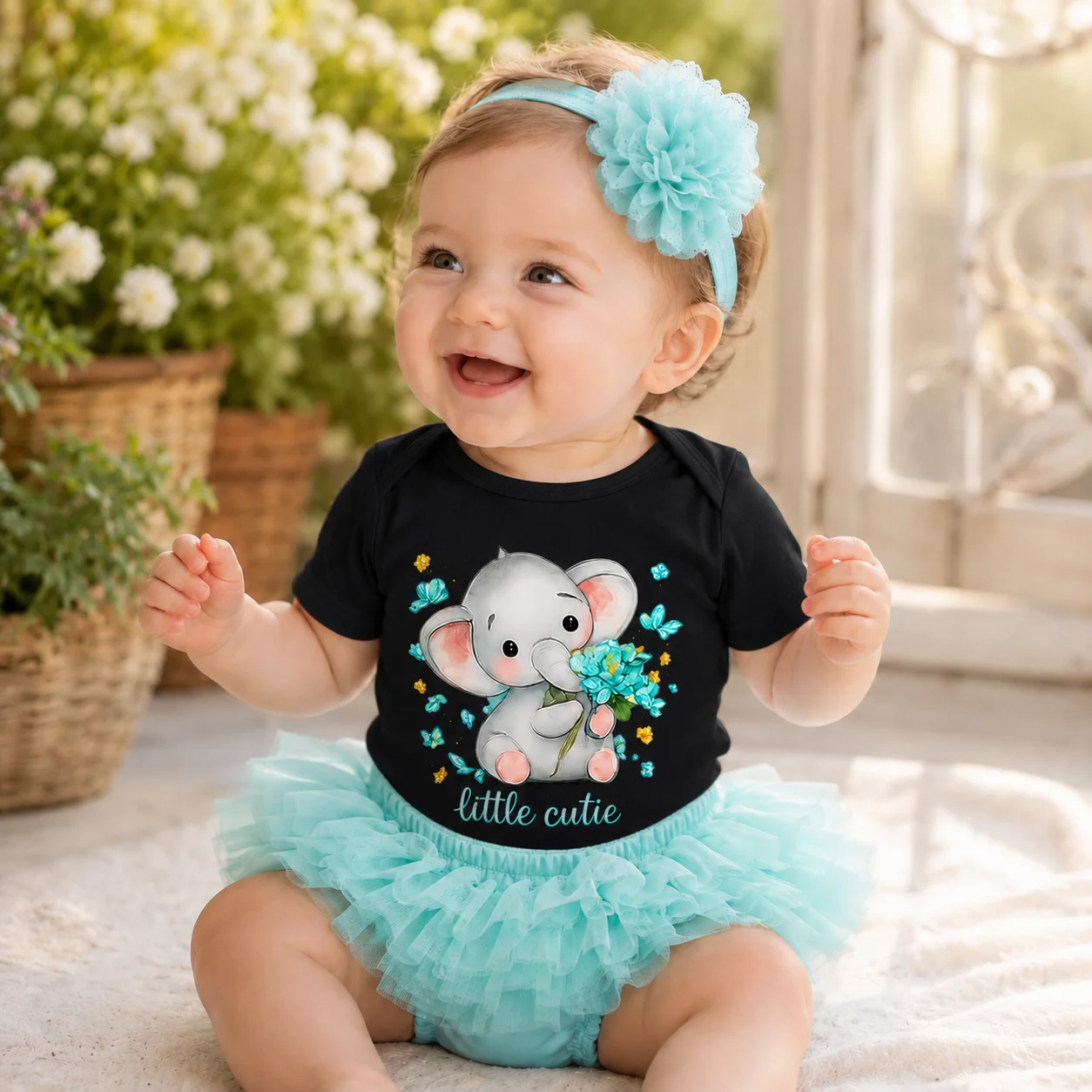 6-18M Infant Baby Girl Clothes Set Cute Elephant Print Short Sleeve Bodysuit Tutu Bloomer with Headband Newborn Photography Outf 5