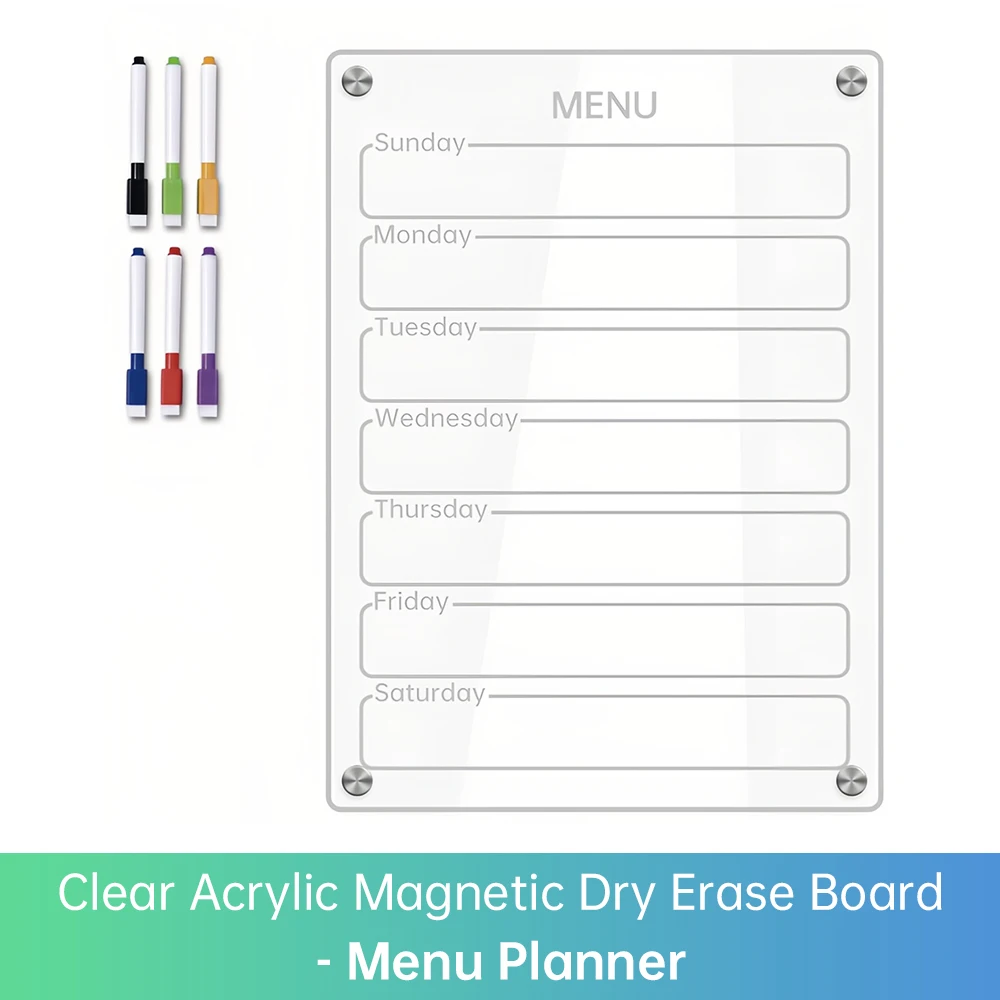 Clear Acrylic Magnetic Dry Erase Board Weekly Planner 8.27x11.7in Writing Board Fridge Reusable Planner 6 Color Magnetic Markers