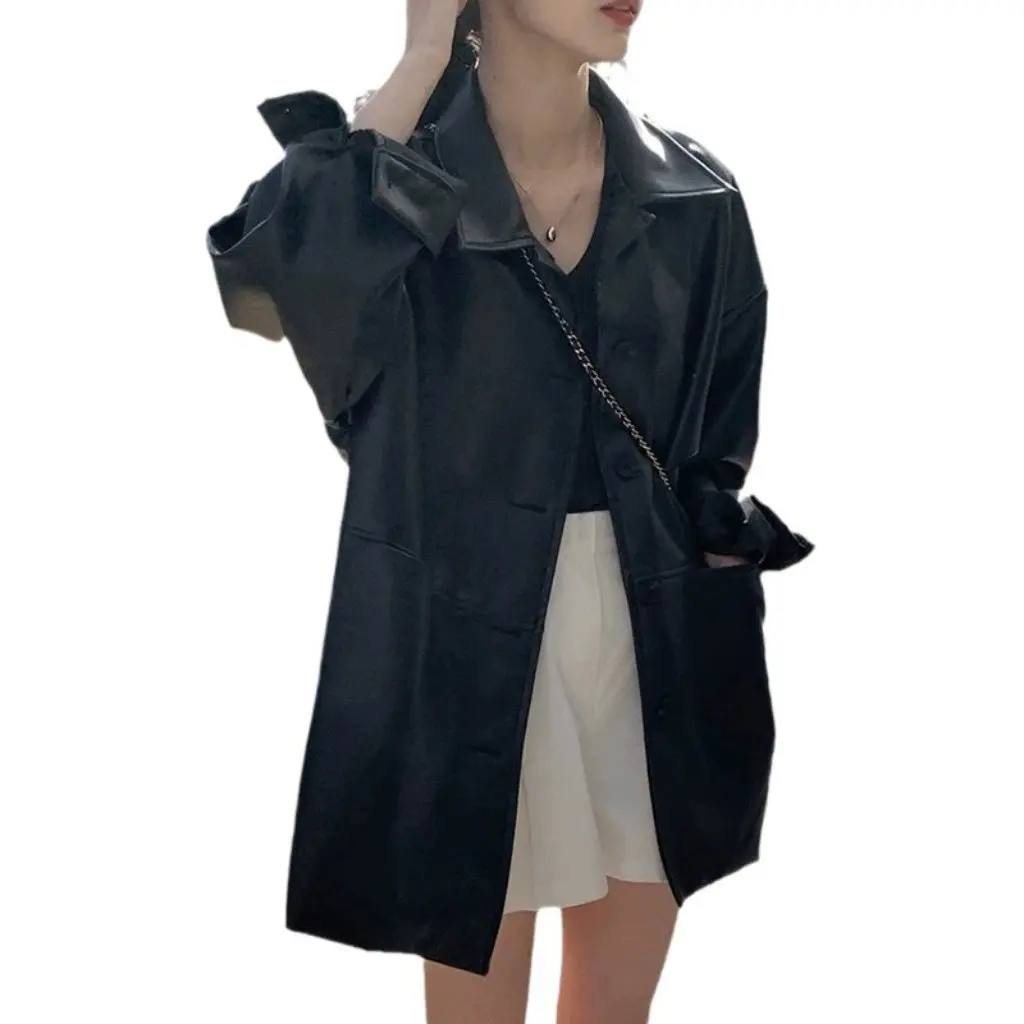 

Korean Handsome Women's Leather Jacket Black Single-Breasted Lapel Loose Versatile Imitation Leather Top for Autumn