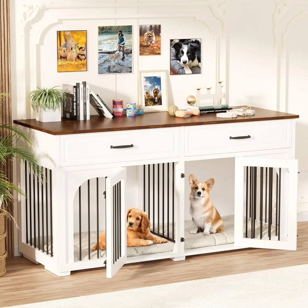 

Dream Dog Crate Furniture, 63''Wooden Dog Crate With 2 Drawers, Dog Kennel Indoor Furniture With Removable Divider, Heavy D