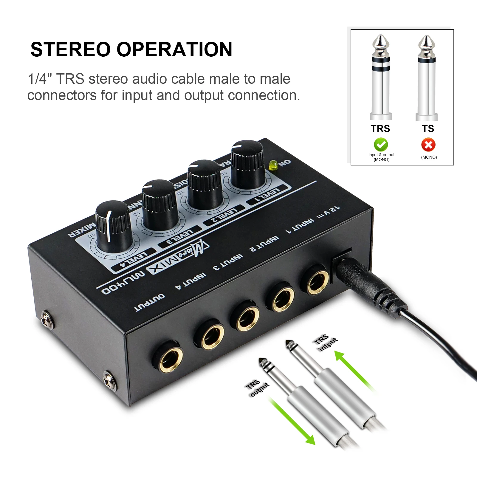 MU400 Ultra Low Noise 4 Channel Line Mixer Mini Sound Mixer Power Supply DC12V Easy Operation Audios Mixer