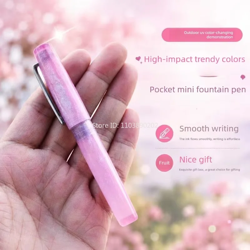 Cute Pocket Fountain Pen EF Nib Light Reactive Color Changing Transparent Glitter Body Smooth Writing Office Supplies Stationery
