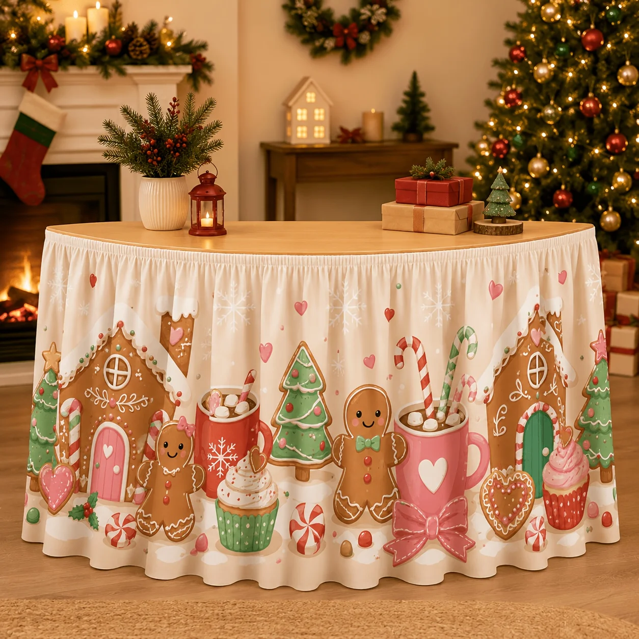 One tablecloth or table skirt, cute gingerbread house, gingerbread man, almond egg, candy stick