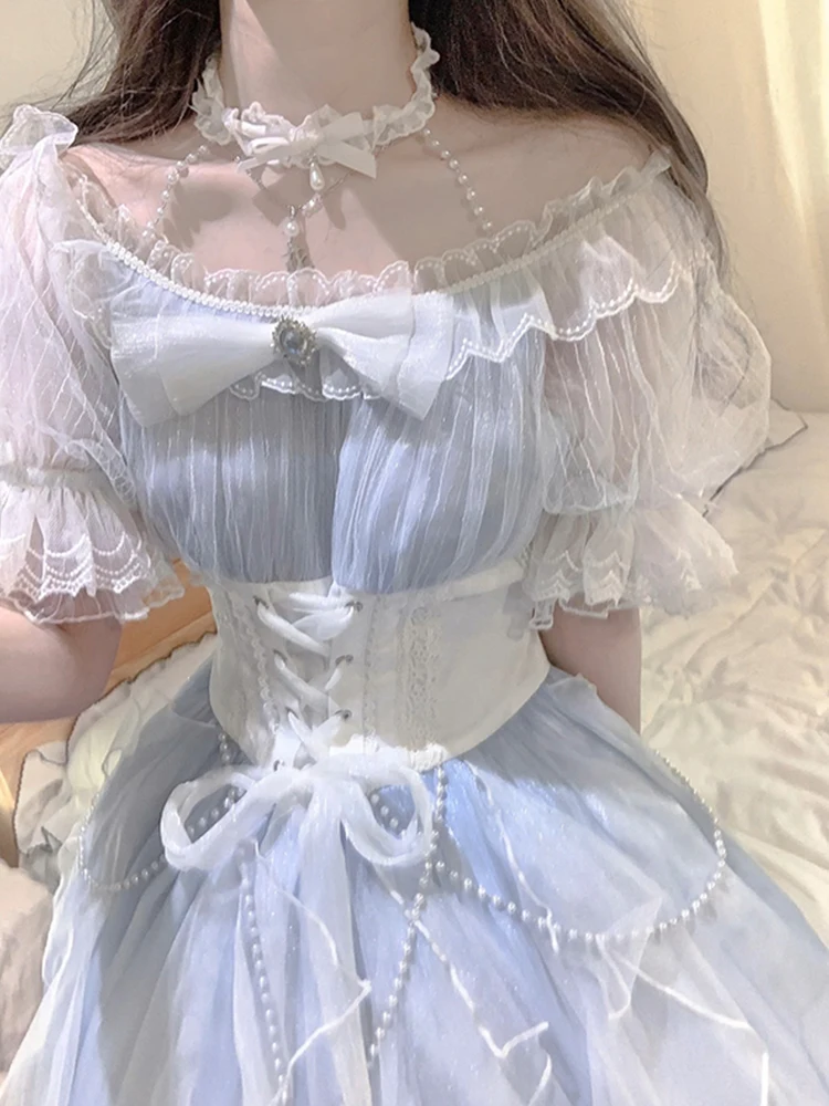 Light Blue Halter Dress Flower Wedding Lolita Elegant Gorgeous