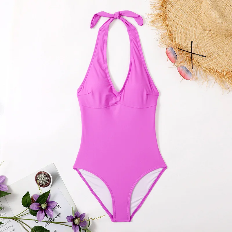 

2024 Sexy Purple One Piece Swimsuit Wome V Neck Swimwear Bathers Push Up Monokini Bathing Suits Beach Swimming Suit For Women