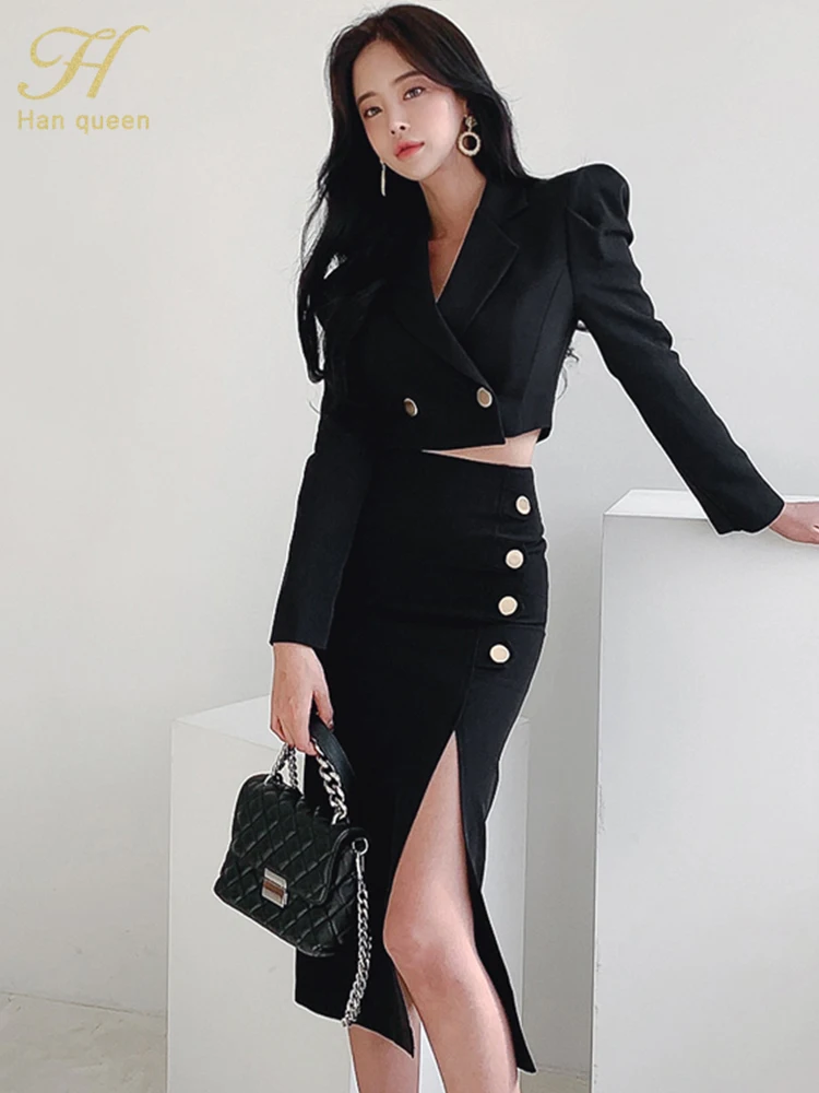 H Han Queen Hot Sale Spring Autumn 2 Pieces Set Women Cropped Blazer + Fork Pencil Skirts Casual Simple Office Lady Skirt Suit