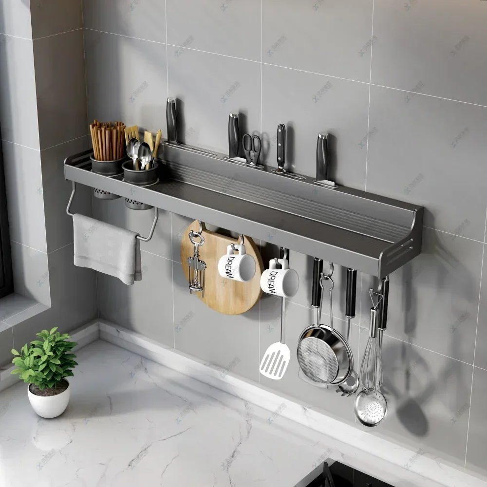 Gun Gray Storage Shelf Knife Chopstick Holder Jars For Spices Rack Aluminum Organizer Wall Home Supplies Kitchen Accessories Set