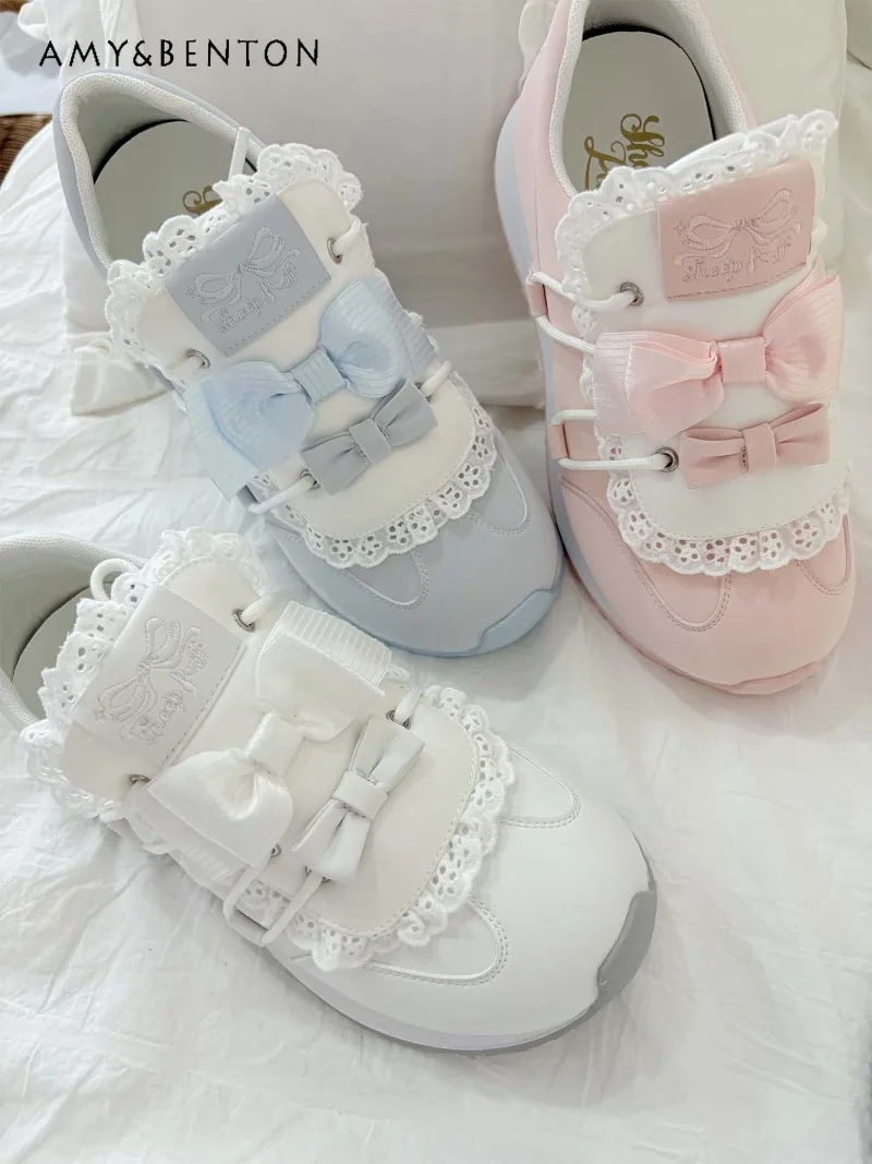 Japanese College Style Thick-Soled Sneakers Original Lolita Cute Round-Toe Running Shoes Bowknot Patchwork Casual Sneakers Women