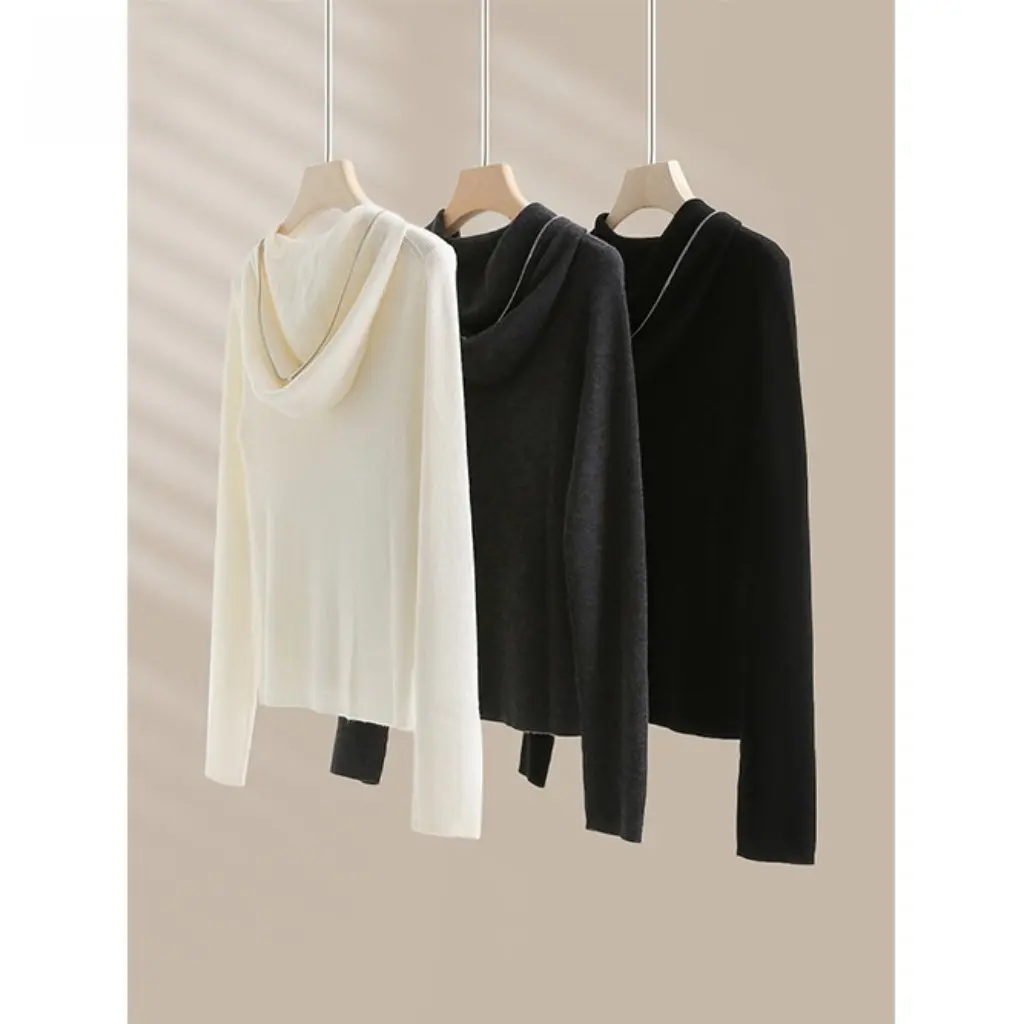 

German Yangtze Yarn Hooded Knitted Cardigan 100% Wool Long-Sleeved Outwear with Double-Ended Zipper Versatile Women's Knitwear