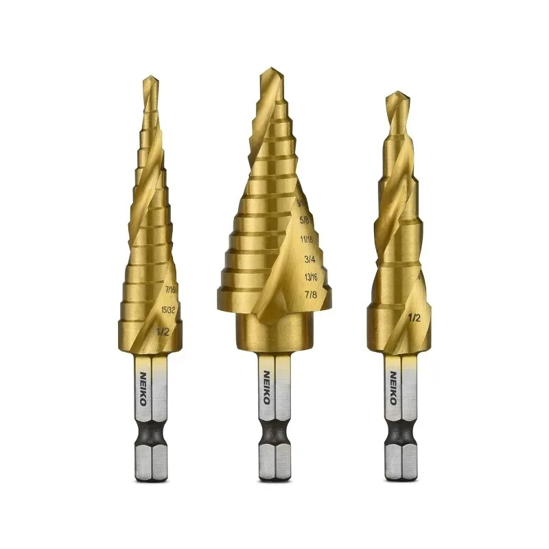 

NEIKO 10181A Step Drill Bit Set, 3 Piece, Spiral Grooved for Faster Drilling, Step Bits for Stainless Steel, Metal, Wood