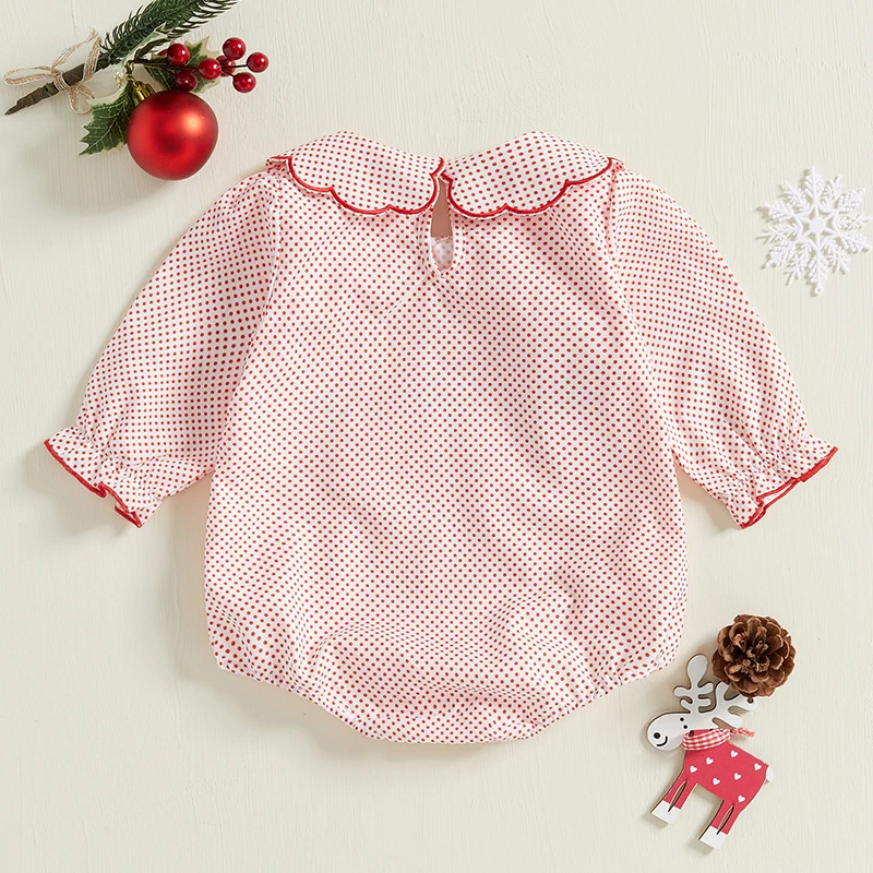 Toddler Baby Girl Christmas Romper Dot Santa Print Long Puff Sleeve Smocked Romper Tops Bodysuits Fall Winter Clothes