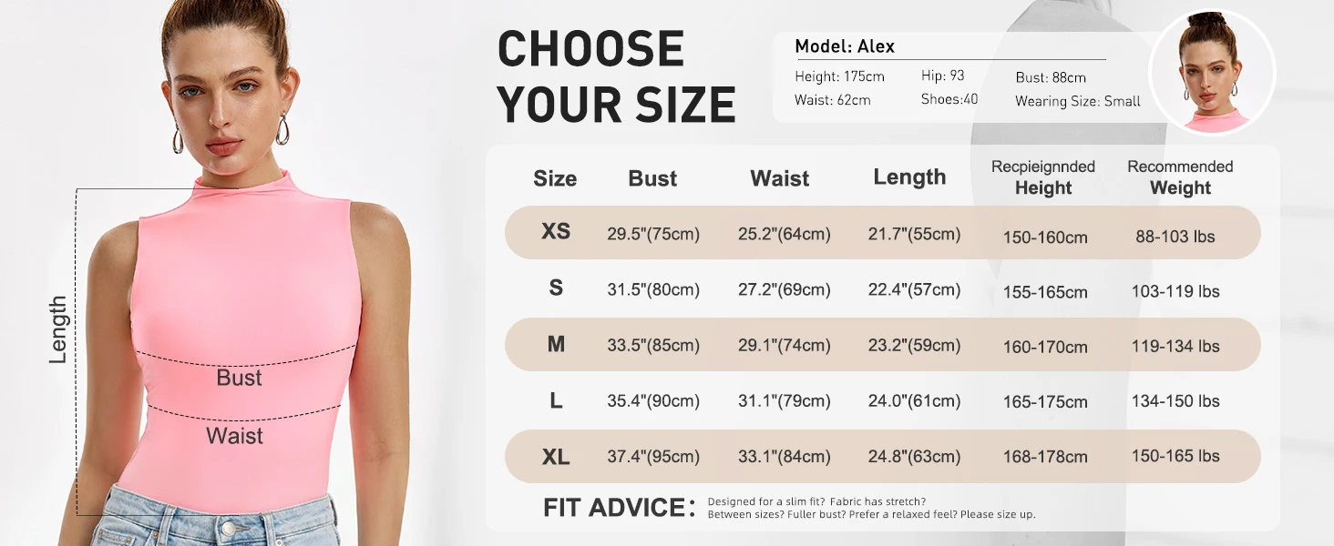Guide des tailles débardeur femme double couche XS S M L XL
