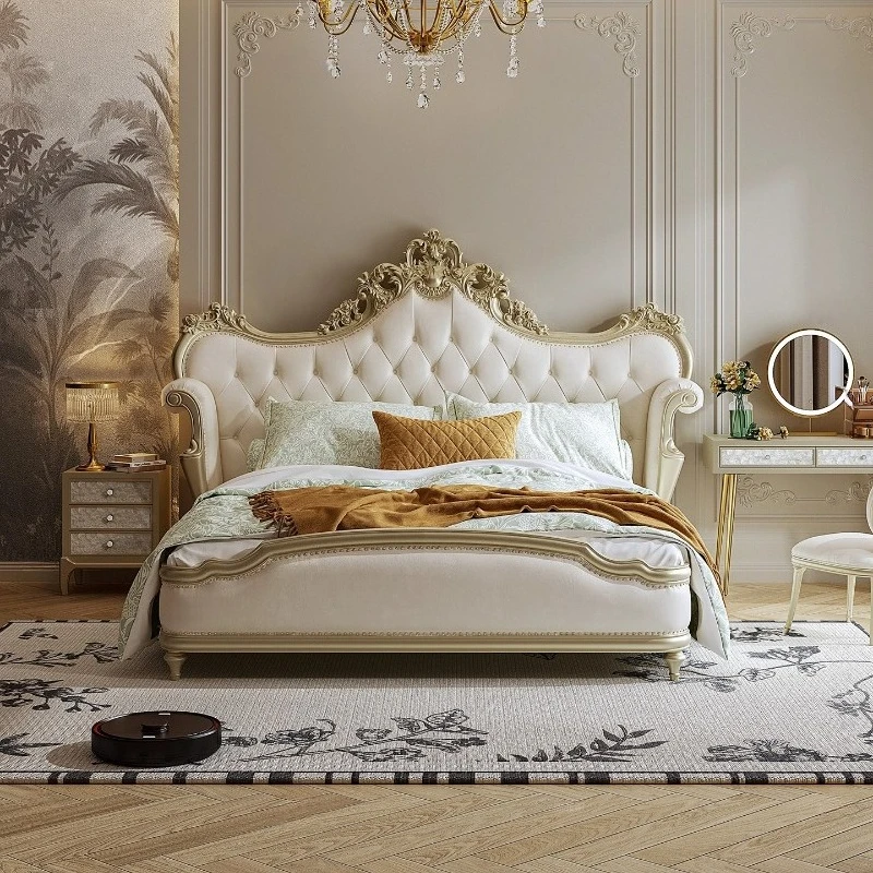 #180x200 200x220 Cm European Style Premium Luxury Genuine Leather Double Bed 2 People Full Size Bed Frame Bedroom Beds Furniture