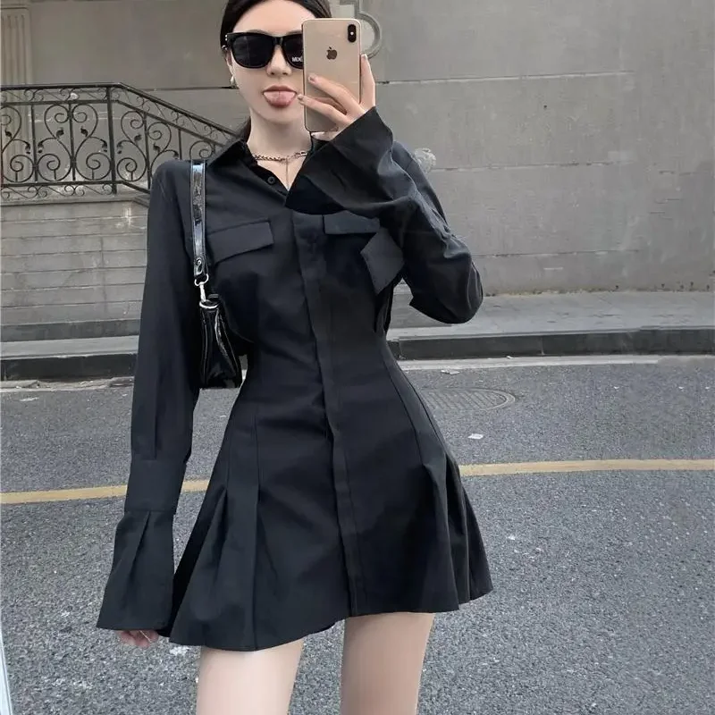 Black Shirt Dress Women Elegant Vintage Long Sleeve Pleated Dress Sexy Gothic Y2k Turn Down Collar Casual Mini Vestidos