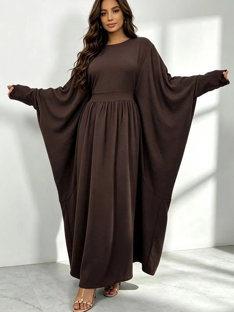 Damen Modest Abaya Maxikleid mit Fledermausärmeln, Hoher Taille, Plissiert, Islamisches Gewand, Ramadan Eid Casual Party Einfarbige Muslimische Kleidung – Detail 6