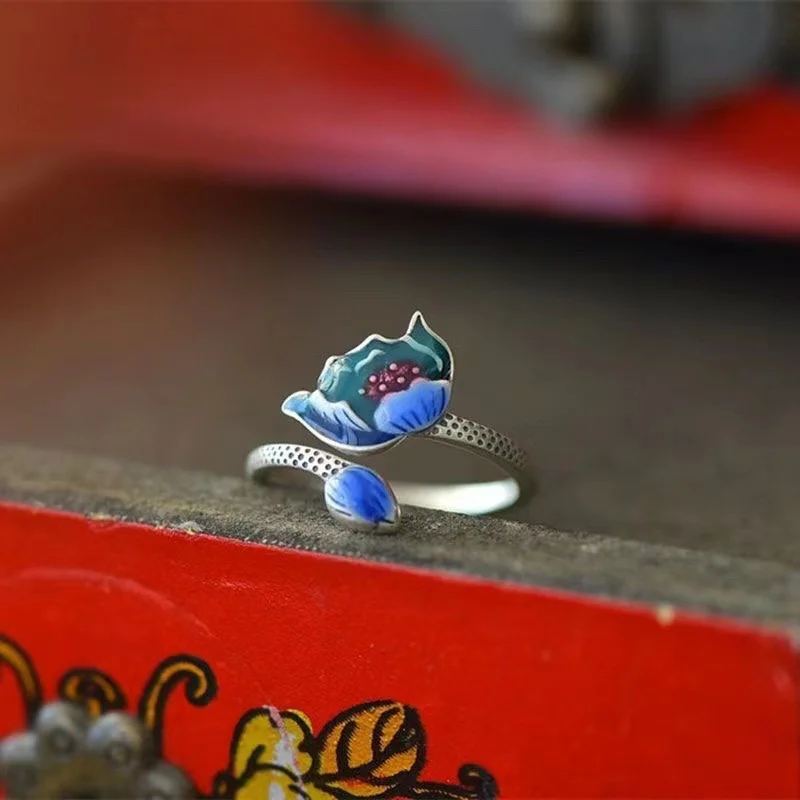 Ethnic Style Colored Enamel Lotus Flower Ring Female Finger Accessories Adjustable Retro Flower Ring Women Jewelry