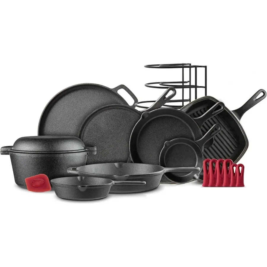 

Cast Iron Cookware 18Piece Set for Home Kitchen Cooking and Outdoor Grilling PreSeasoned 6 + 8 + 10 + 12 Skillet Grill Pan Lid