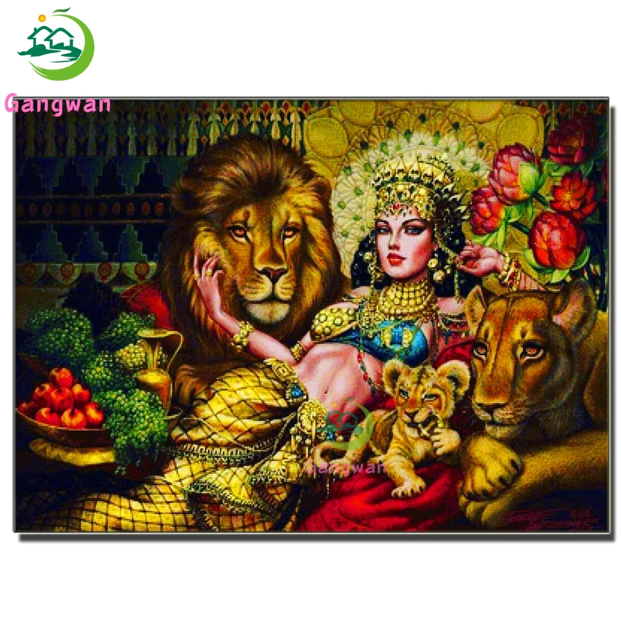 Queen of Egypt And The Lion 5D Diamond Painting Cleopatra Full Square Round Diamond Mosaic DIY Diamond Embroidery Wall Painting