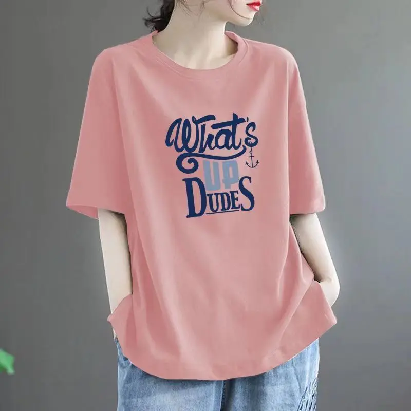 

Loose Fit Cotton round Ne ort Sve T-irt Women's Summer New Sle Printed Casual Faion Harajuku Sle Top for Students