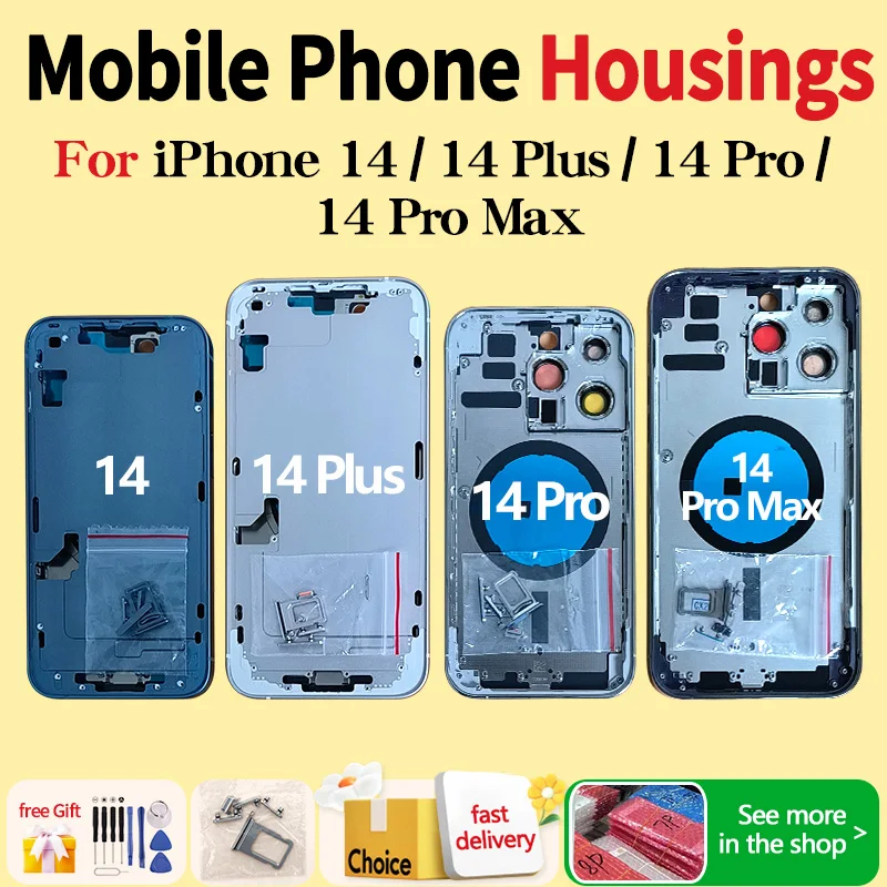 Back Housing cover For iPhone 14/14 Plus/ 14 Pro Max Battery Cover Rear Door with Chassis Frame + SIM Tray + Side Key Parts