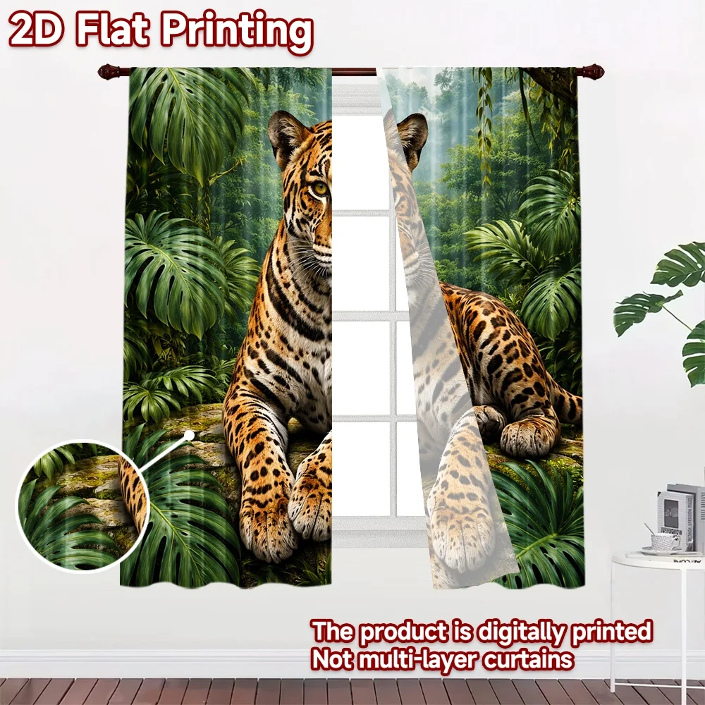 2D flat printing 2pcs Curtain Drapes Jaguar in Jungle Digital Printed Polyester Drapes Festive Curtains Perfect for Indoor