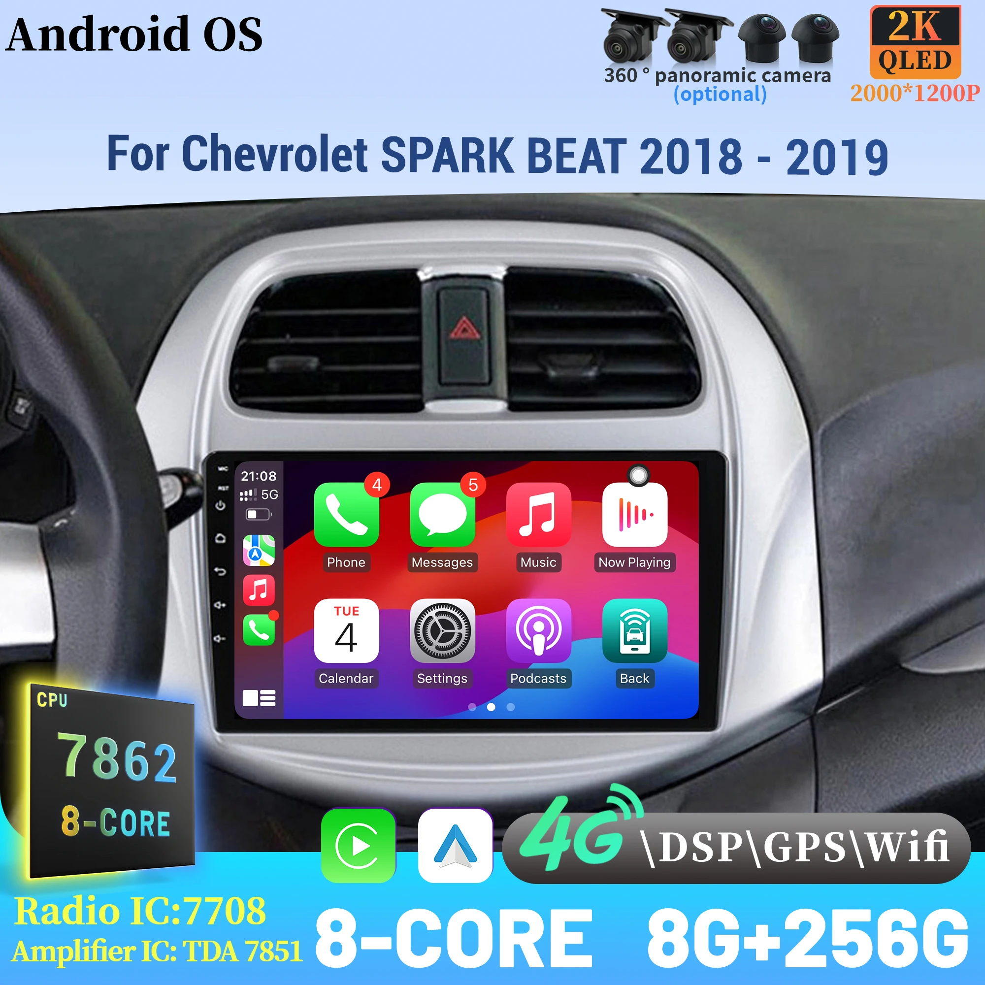 

For Chevrolet SPARK BEAT 2018-2019 Wireless BT CarPlay Android 14 Radio Car Multimedia Player Touch 2K QLED Screen