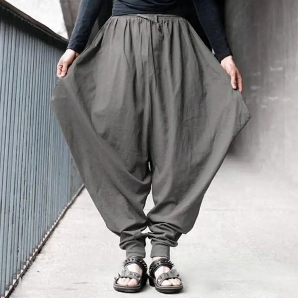

Casual Drawstring Trousers Elastic Waist Reinforced Pockets Harem Solid Color Pants Hip Hop Style Loose Fit Street Dance Pants