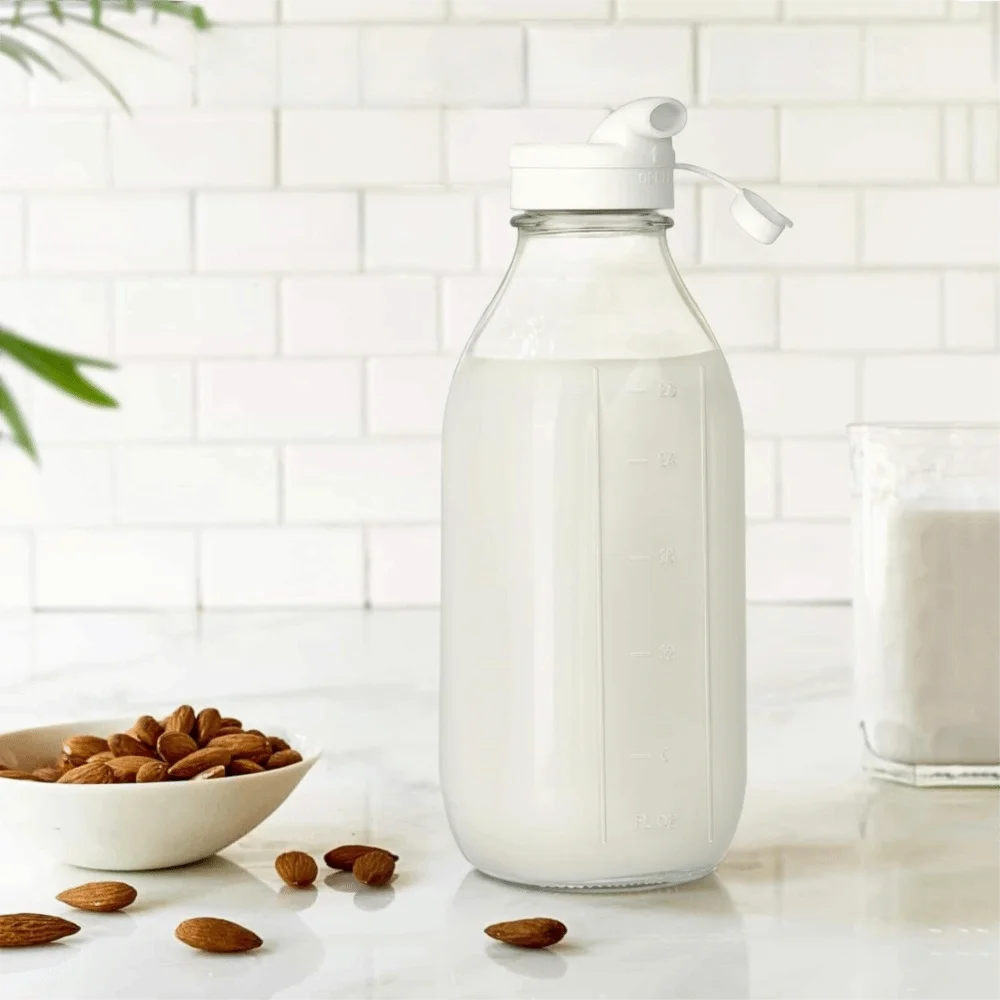 

2PCS Transparent Glass Milk Bottle 32OZ Sealed Glass Water Jug with Dispenser Lid Capacity Marking Juice Container Coffee