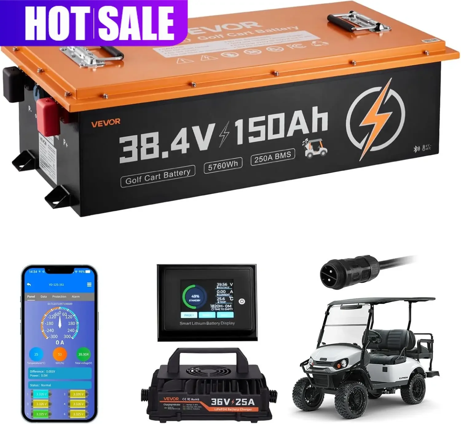 36V (38.4V) 150Ah Lifepo4 Golf Cart Battery Kit W/ 25A Charger, 250A Bms, Bluetooth App & Touch Monitor, 4000 Cycles For Golf