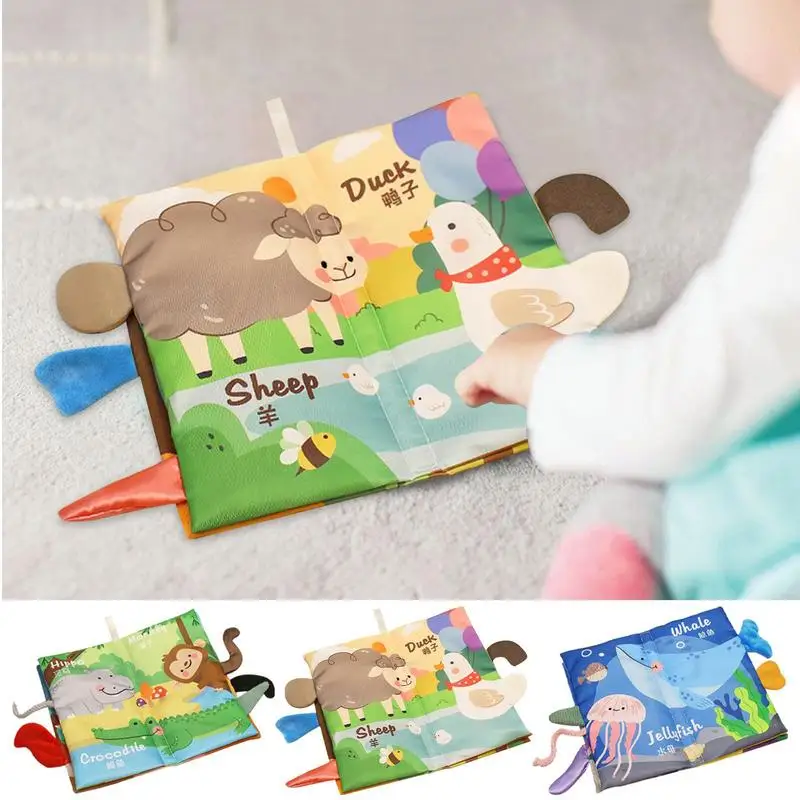 Pano macio dentição livros para criança, Animal Tails Teething Brinquedos, Anel mordedor, Crinkle Books