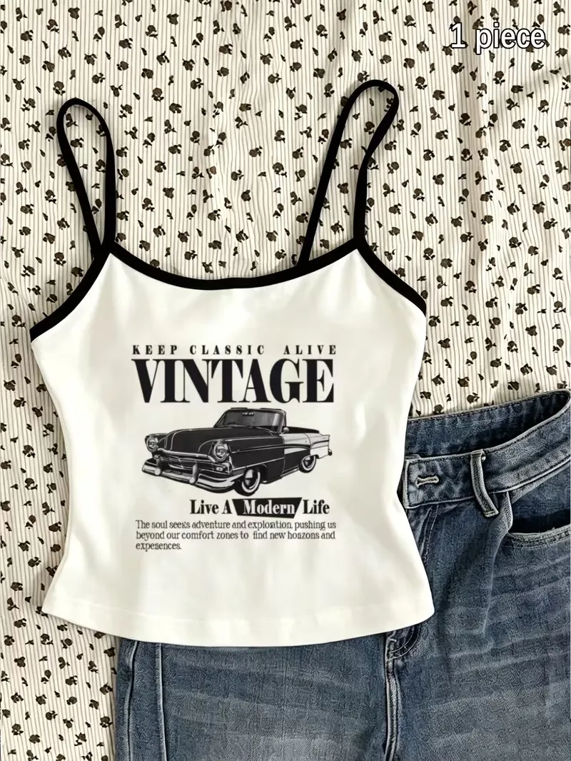Retro Harajuku Funny Camisole Top Vintage Car Print Casual Crop Top Vest Spring Summer 90s Women'S Tank Top Clothes