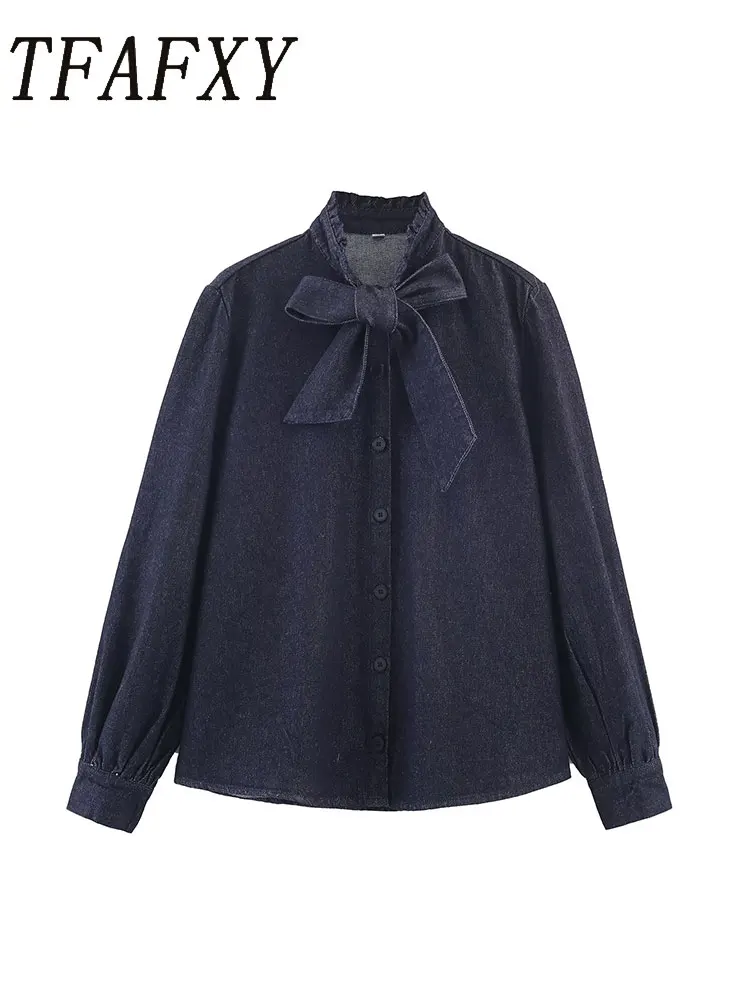

TFAFXY Women Cowboy Shirt 2025 Autumn Fashion Long Sleeves Solid Color Button Shirt With Bow Women Hight Street Elegant Shirt