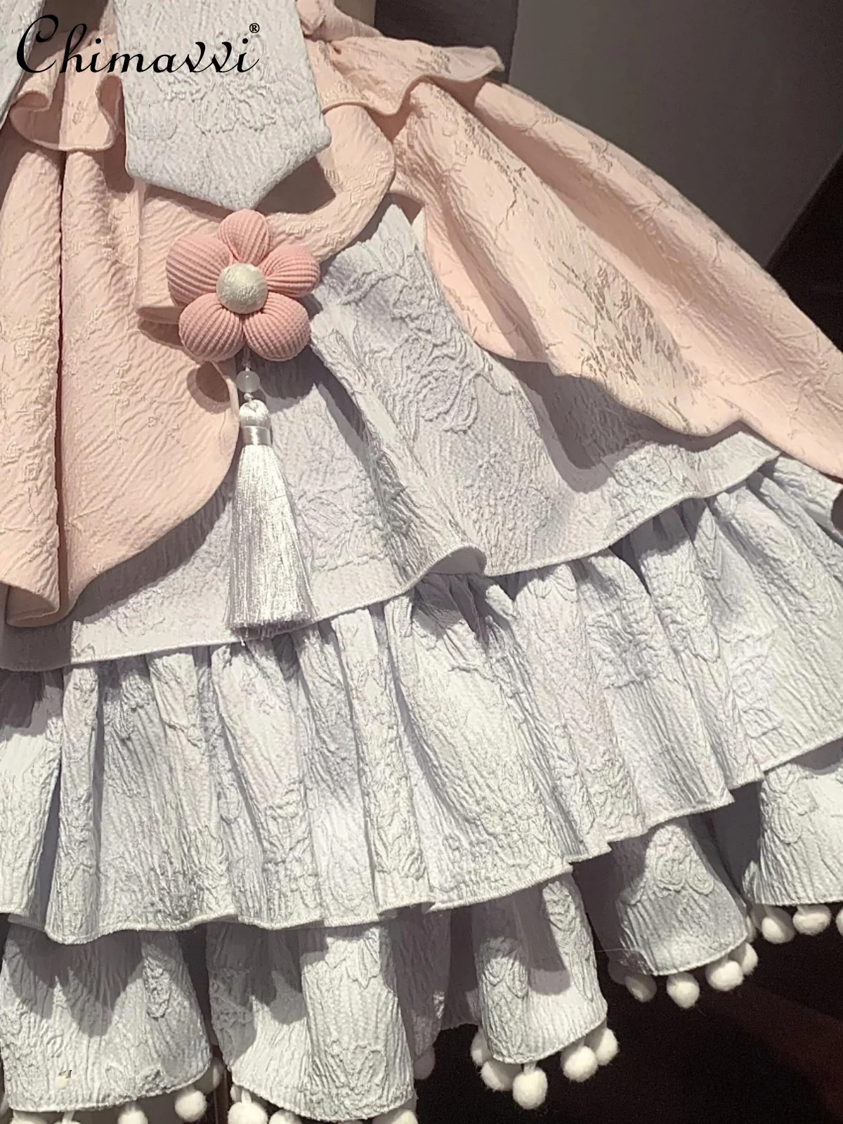 Chinese Style Lolita Cute Girl Op Dress New 2024 Summer Sweet Bow Flower Decoration High Waist Princess Short Elegant Dresses