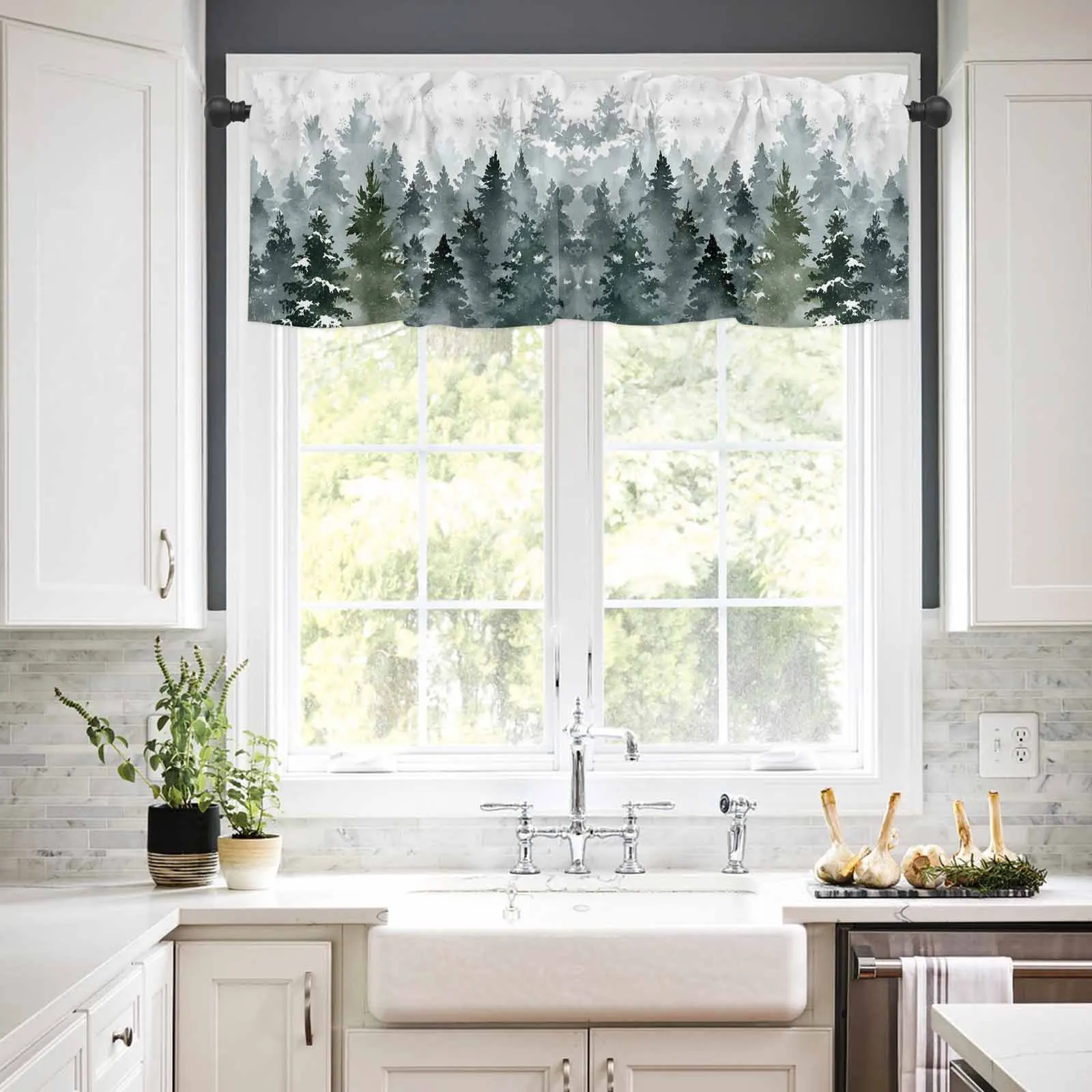 

1PCS Kitchen Short Curtain Valance Watercolor Green Christmas Tree Winter Rod Pocket Window Home Decoration