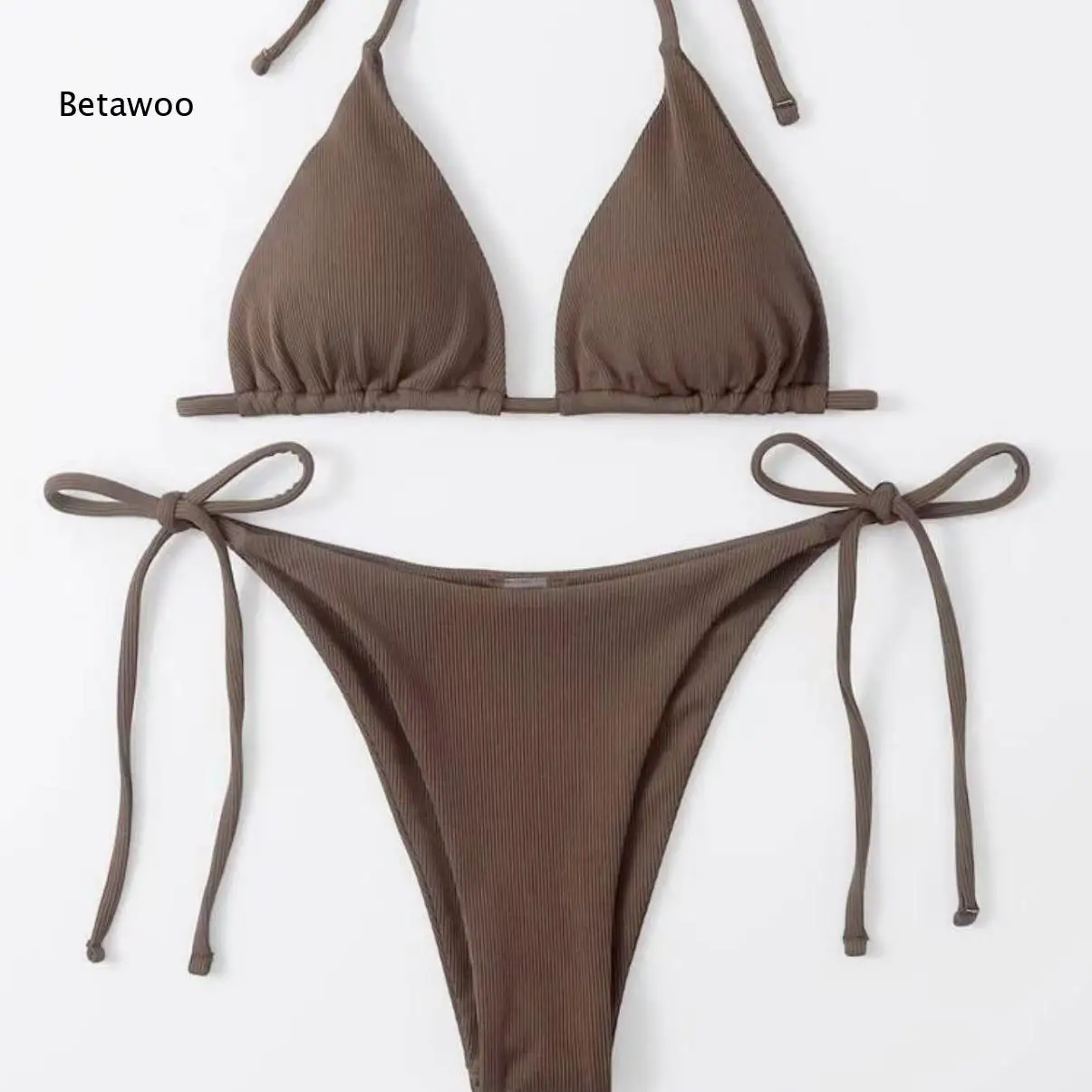 Summer Ribbed Knit Halter String Tie Side Two Piece Swimwear