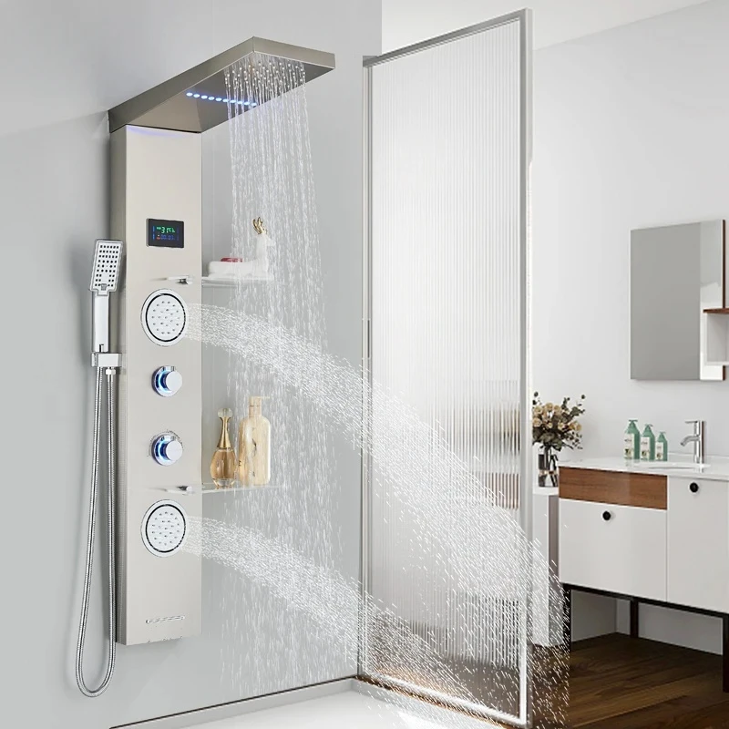 

Brushed Light LCD Faucet Bathroom SPA Massage Jet Column System Waterfall Rain Shower Panel With Shelf Tap