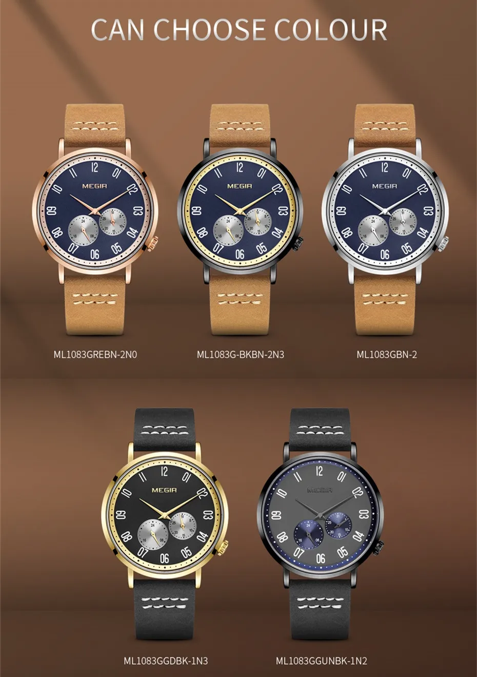 MEGIR 1023, mode sporthorloge, kaki lederen band, kalender, lichtgevende wijzers, waterdichte heren quartzhorloges