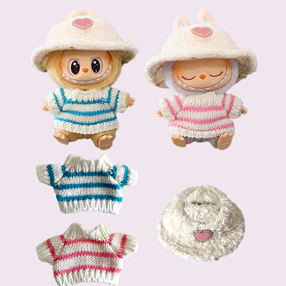 

Одежда для мини-куклы 15-17 см Labubu V1 V2 V3 Одежда Labubu розовый, синий, белый полосатый свитер и плюшевая шапка в форме сердца