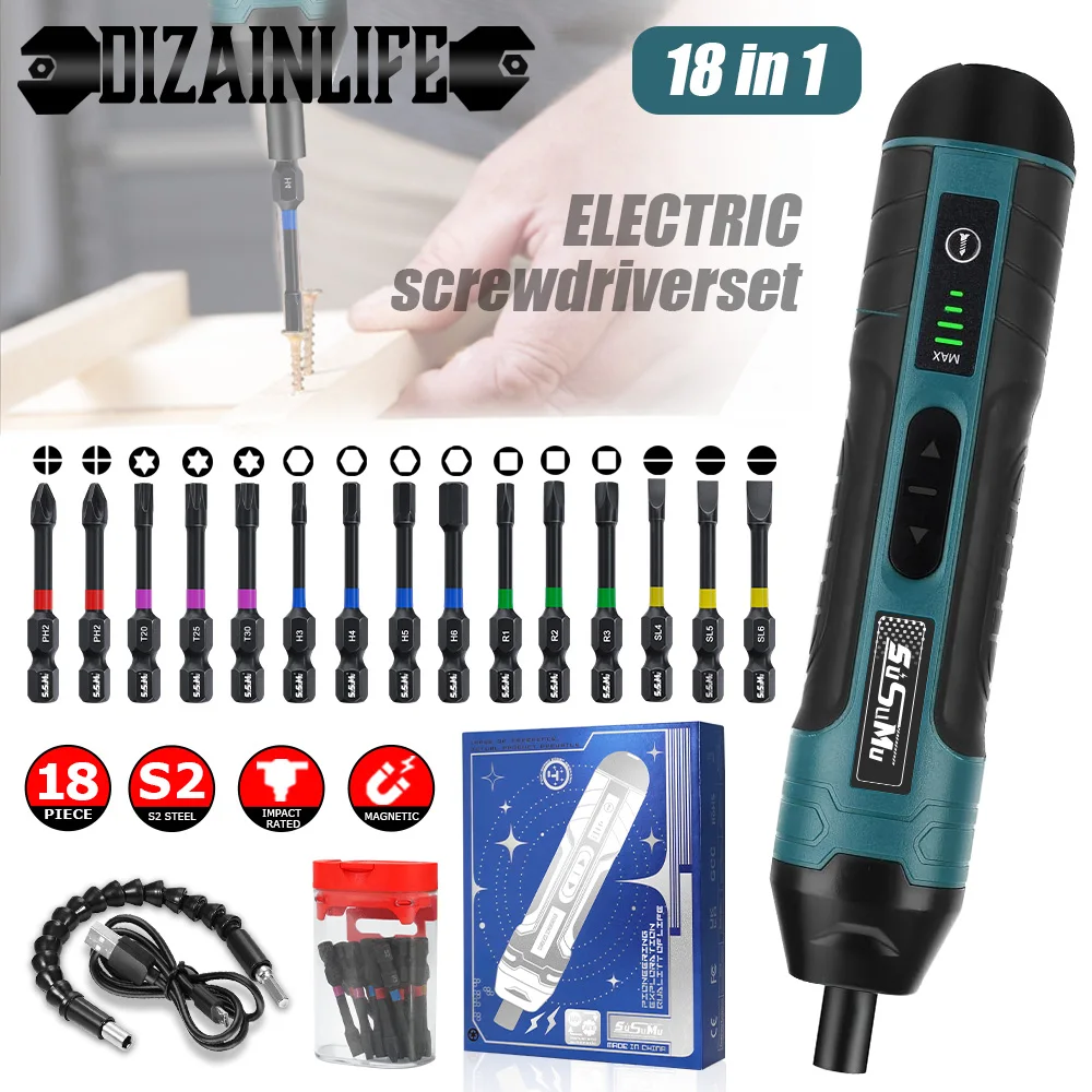 19 in 1 Electric Screwdriver Mini Power Tools with LED Light Adjustment Multi-function Disassembly Torque Repair Tools Kit