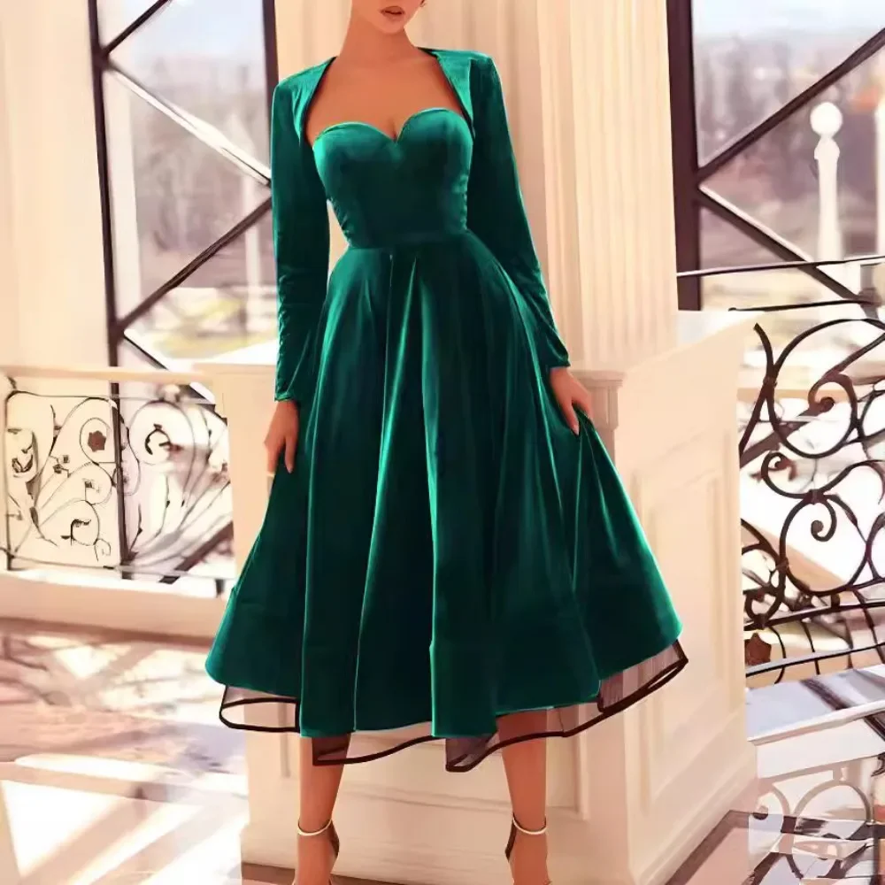 

Women Long Sleeve Dress Velvet Sexy Bandeau Cutout A-Line High Waist Mesh Trim Skirt Hem Exquisite Banquet Cocktail Party