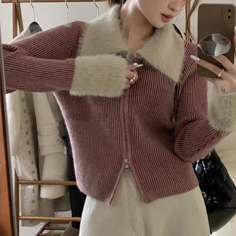 

Faux Fur Turn Down Collar Knitted Cardigan Women 2025 Vintage Patchwork Long Sleeve Sweater for Woman Zipper Up Coat Lady