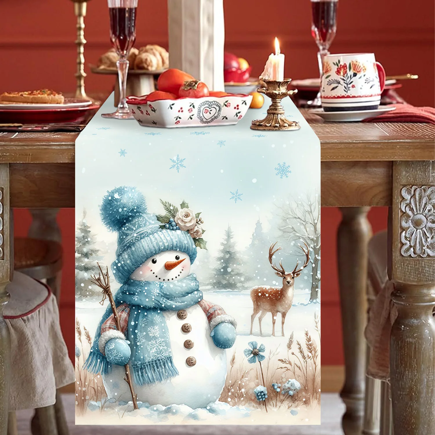 Christmas Blue Snowman Elk Table Flag Winter Snowflake Tabletop Runners Christmas Home Indoor Outdoor Party Decoration