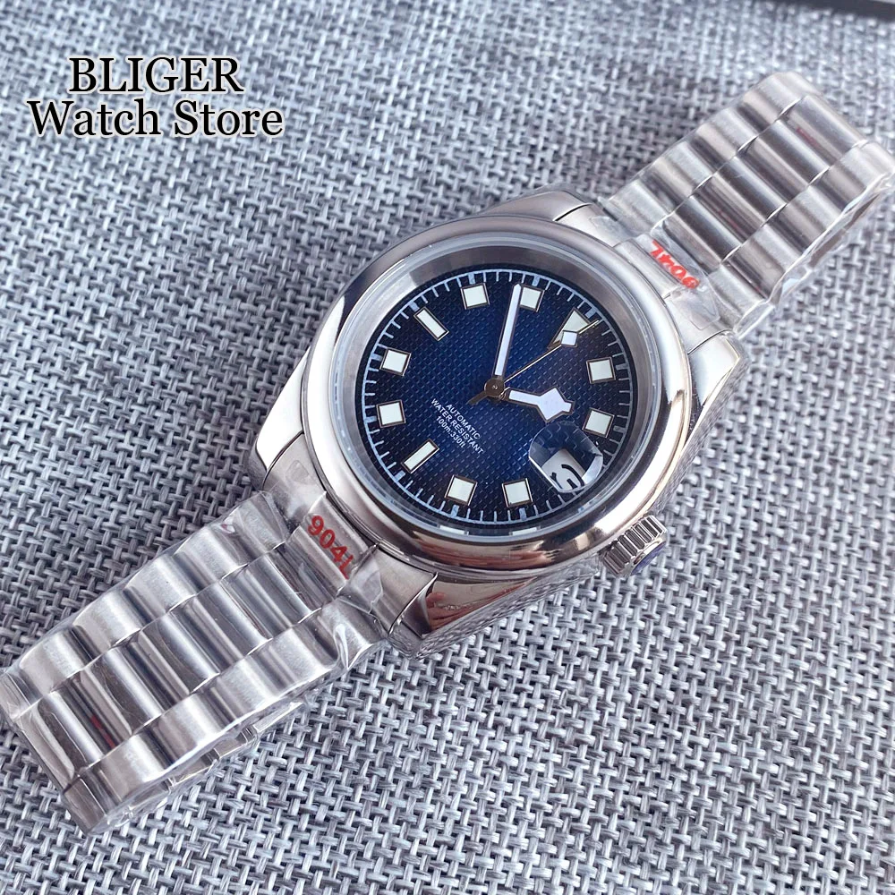 BLIGER 36mm 39mm NH35A Blue Black Mechanical Watch Men Sapphire Glass Lume Mark Silver Polished Case Wristwatch Steel Bracelet