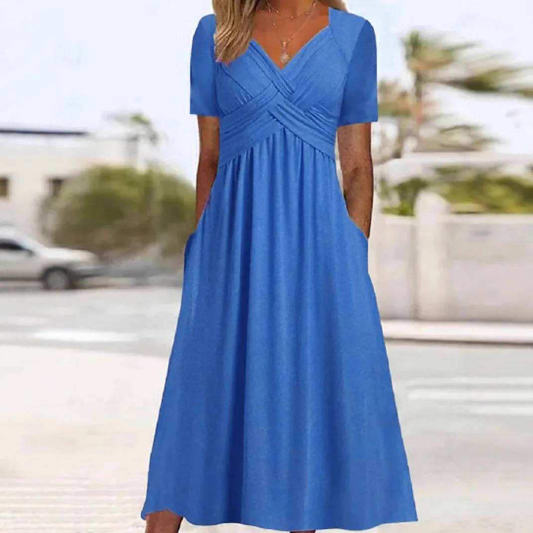 2025 Summer Solid Color Dress Fashionable And Casual V-neck Short Sleeved Mid To Long Length Dress Women's Clothing