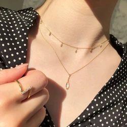 LAMOON Vintage Clear Crystal Pendant Long Necklac For Women 925 Sterling Silver 14k Gold Plated Fine Jewelry Wedding NI144