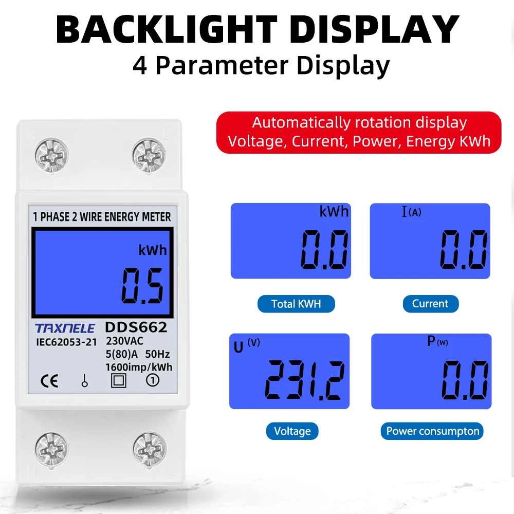 مرحلة واحدة اثنين سلك LCD شاشة ديجيتال Wattmeter استهلاك الطاقة الطاقة عداد كهربائي كيلوواط ساعة التيار المتناوب 230 فولت 50 هرتز الكهربائية Din السكك الحديدية