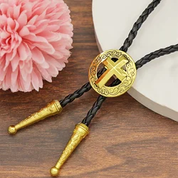 Western Cowboy Bolo Tie for Men Vintage Circular Cross Pendant Black Leather Rope Necktie Women's Fashion Necklace Jewelry Gifts