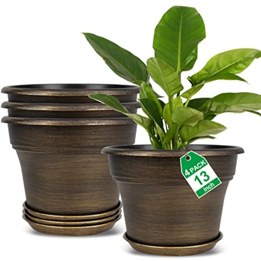 

Plant Planters Pots Set of 4 Pack 13 Inch Large Plastic Flower Pot for Indoor Plants with Drainage Holes and Trays, Resin Decor