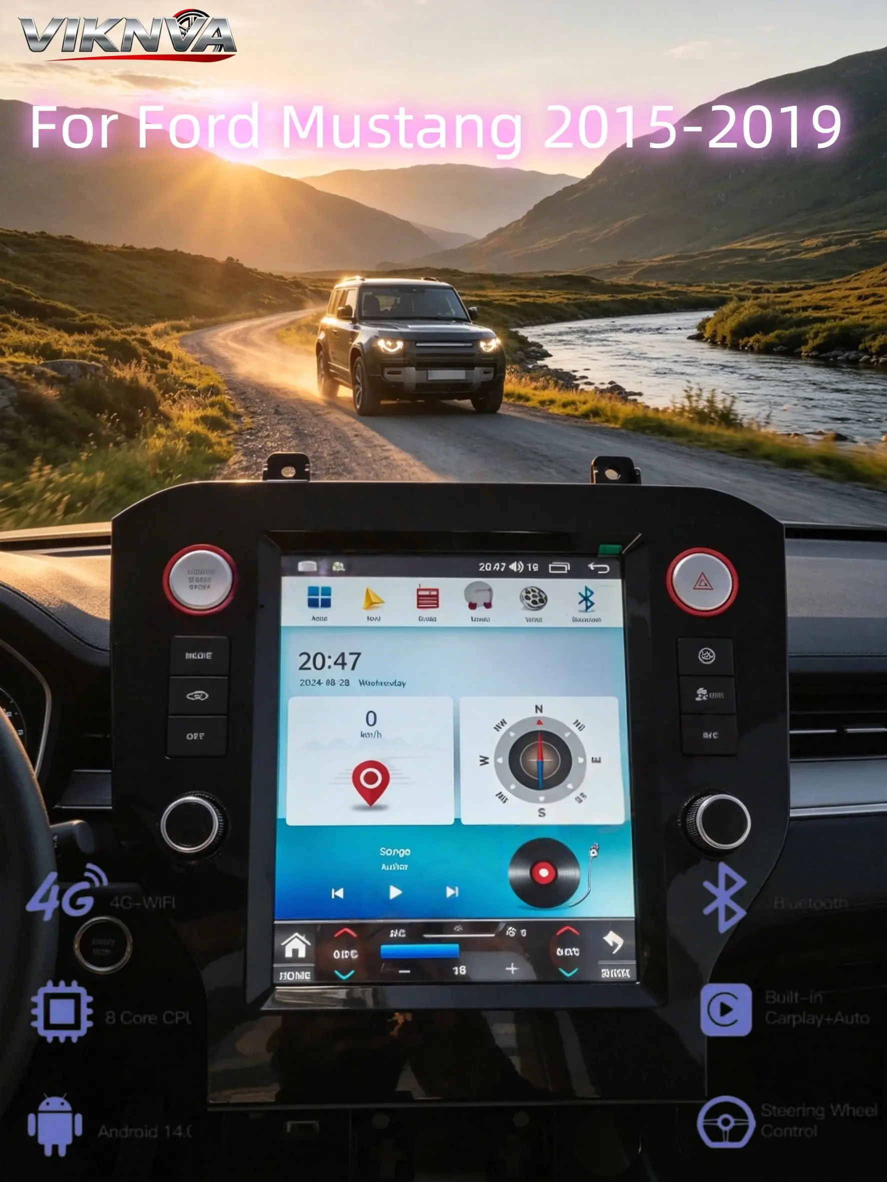 Large Touch Screen Android 14 Car Radio GPS Navi DSP Wireless CarPlay BT 8GB+256GB Multimedia Unit For Ford Mustang 2015-2019